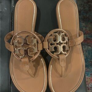 Tory Burch Tan Logo Circle Thong Sandals